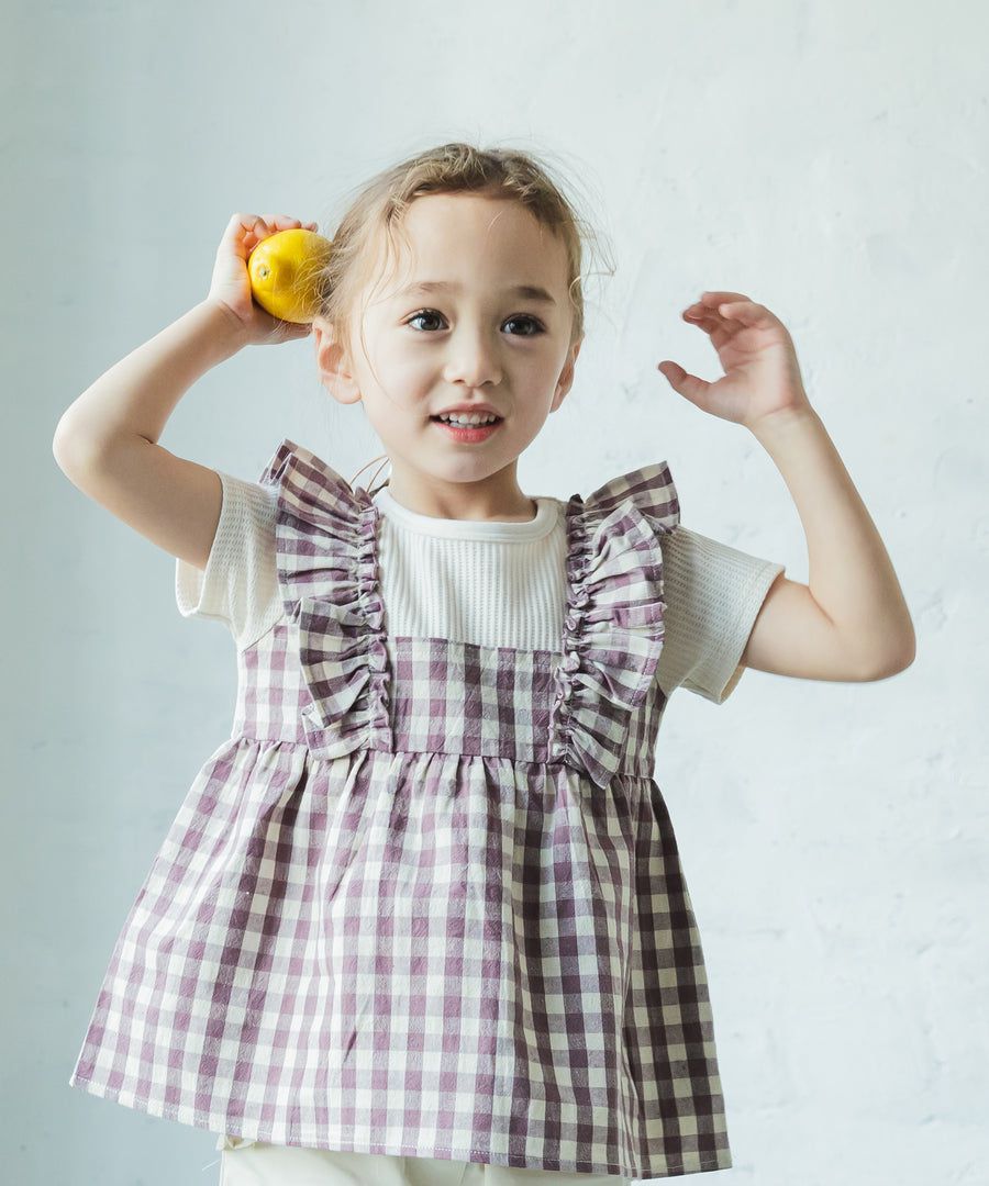 日本 PAIRMANON - 假兩件荷葉背心短T-格紋-灰杏藍