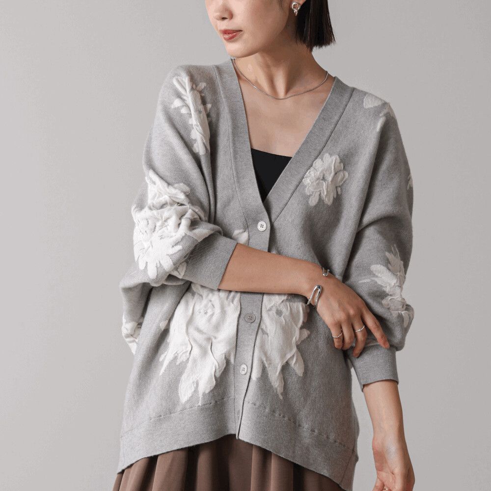 唯美花卉寬鬆感針織開襟外套-淺灰