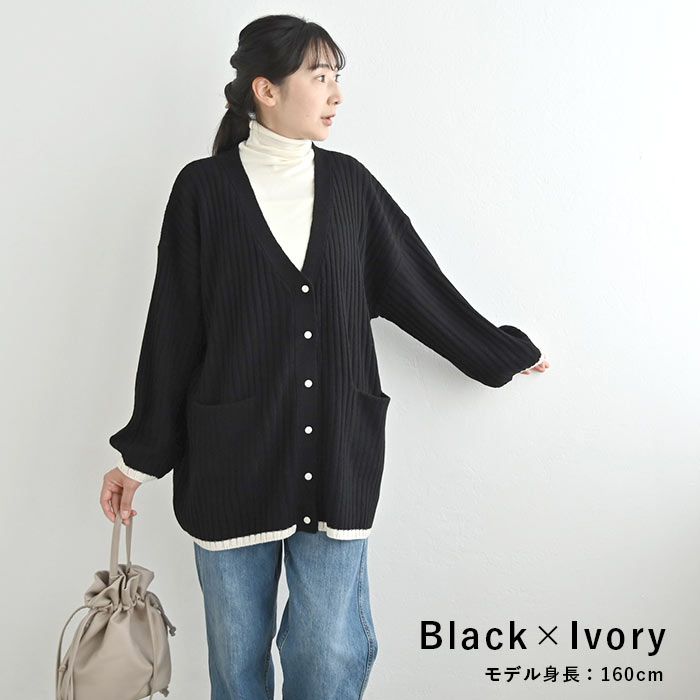 日本 ihuu - V領寬鬆坑條長版針織外套-深灰