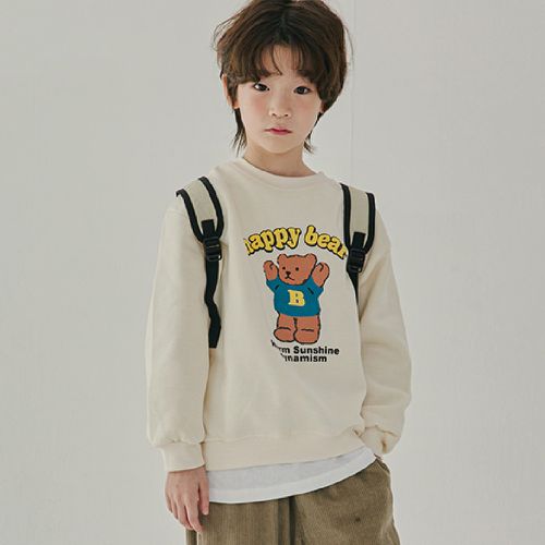 韓國南大門童裝 - W.S.B. 內磨毛長袖大學T-happy bear-米