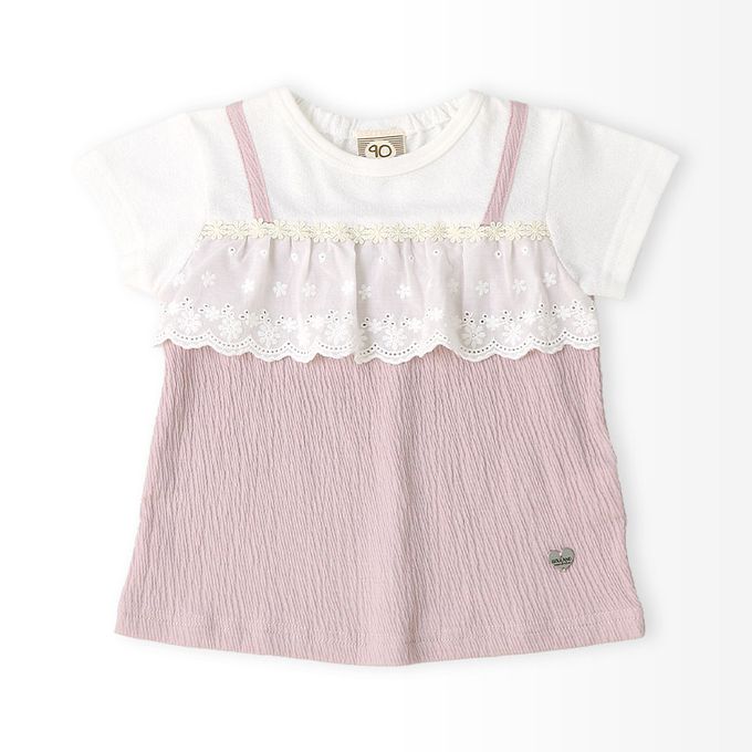 日本 ZOOLAND - 清爽楊柳 假二件蕾絲滾邊短袖上衣-粉紅