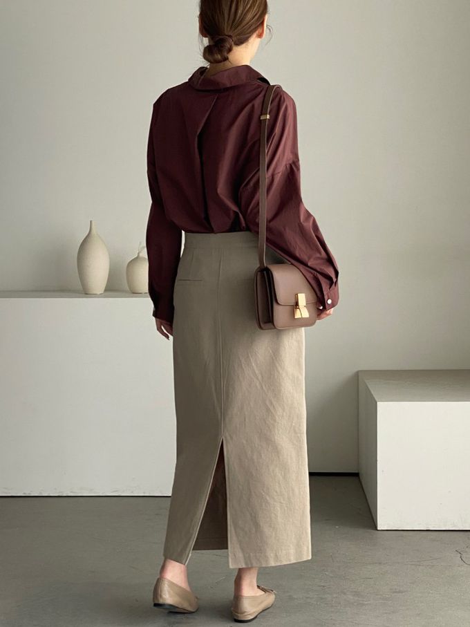 韓國女裝連線 - 知性背後抓褶翻領長袖襯衫-咖啡紅 (FREE)