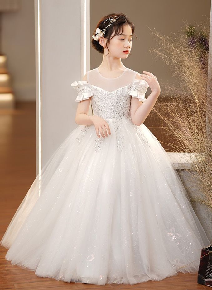 柔美手工繡花亮片露肩長裙禮服