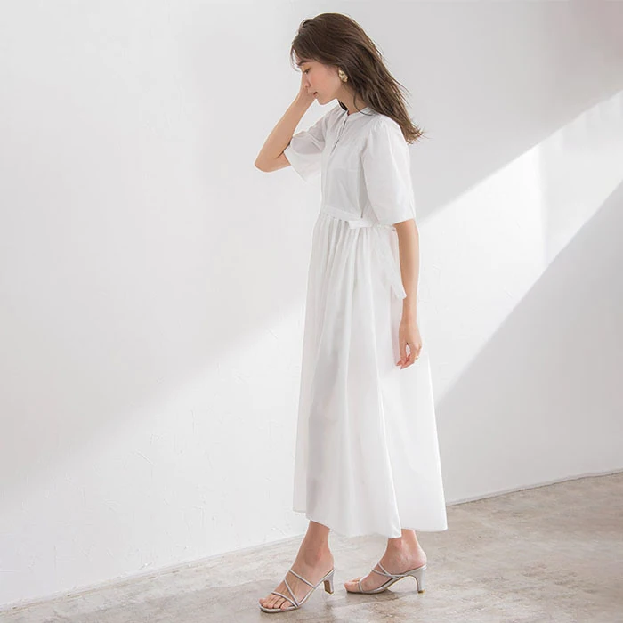 日本 BELLUNA - 森之精靈側綁帶縮腰長洋裝-靜謐黑