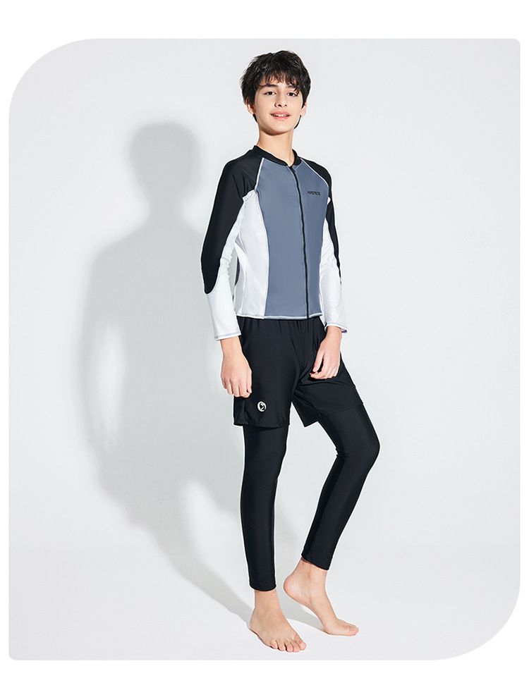 大童男孩長袖泳衣套裝(三件組)-拼色款-黑+白+紫-泳衣、長泳褲、短泳褲