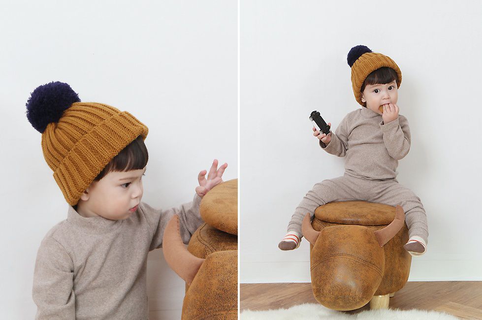 韓國 Babyblee - 大毛球針織毛線帽-藍 (FREE)