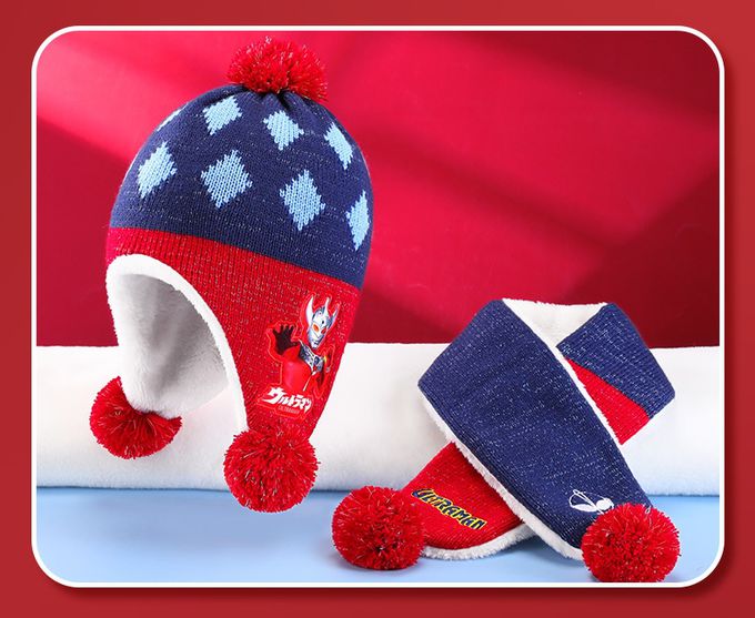 兒童加絨護耳保暖毛帽組-卡通人物超人力霸王-深藍+紅 (建議3歲以上)