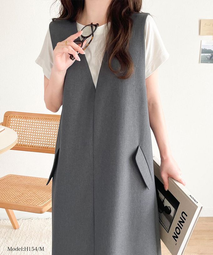 日本 Classical Elf - 簡約深V領氣質線條背心裙-摩卡棕