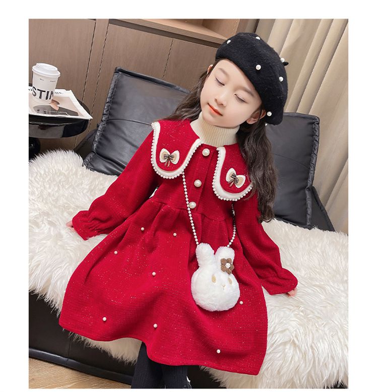 加絨不規則翻領氣質長袖連身洋裝-蝴蝶結-紅色