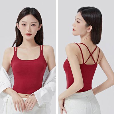 JS - 雙肩帶交叉美背BRA TOP/附罩杯上衣-酒紅
