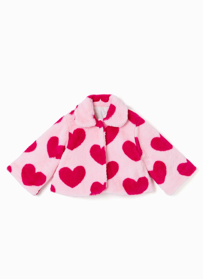 韓國 OZKIZ - 大愛心絨毛保暖翻領外套-粉
