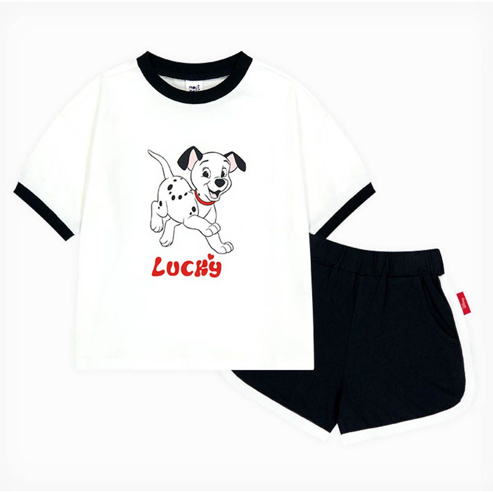 (聯名款)卡通狗狗休閒運動風短袖套裝-白X黑
