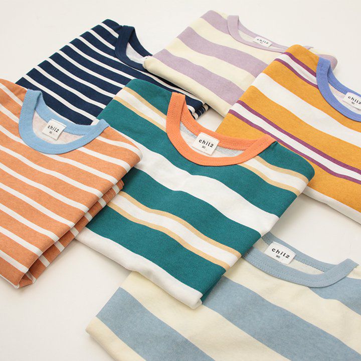 日本 Chil2 - 100%棉 百搭條紋短袖上衣-水藍x白