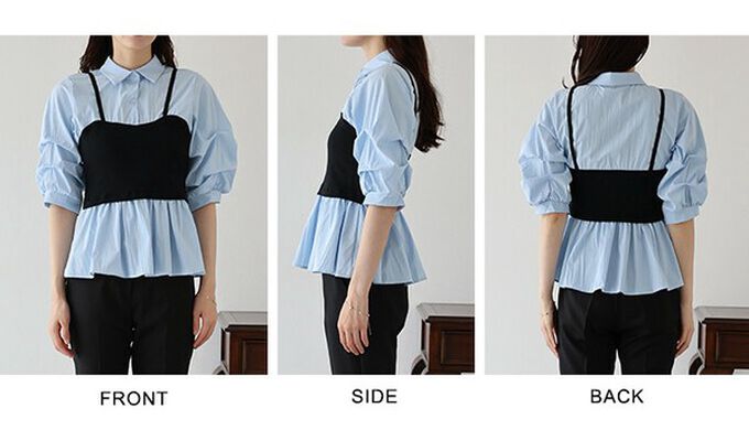 日本 BLUE EAST - 假二件俐落時尚疊穿五分袖上衣-黑x白