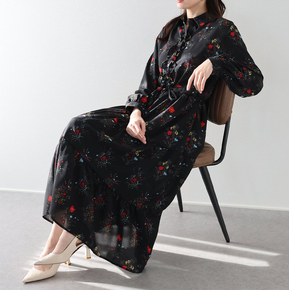 荷葉邊領唯美花卉長袖洋裝(腰抽繩)-黑