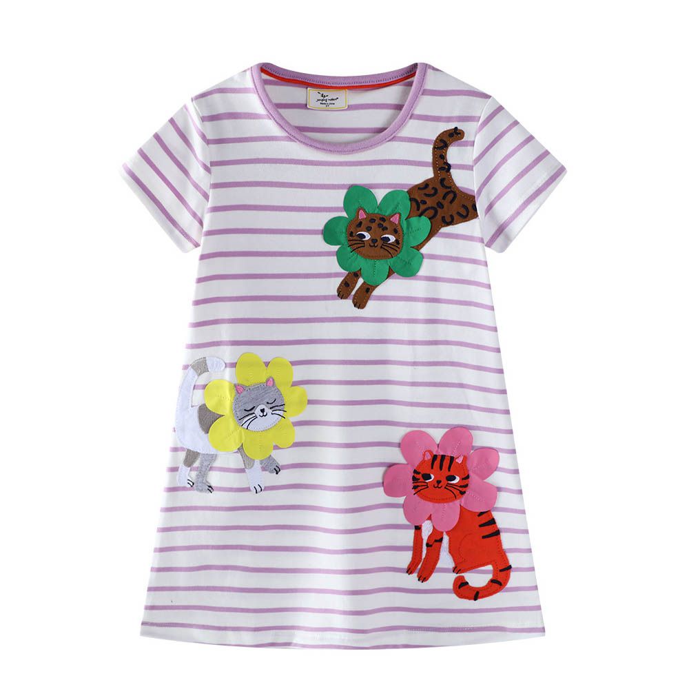 棉質圓領短袖洋裝-花朵貓咪-紫色條紋