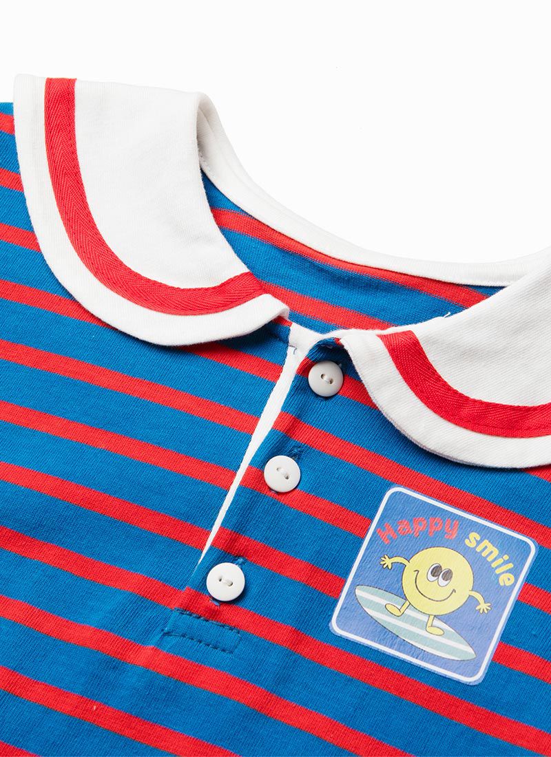韓國 OZKIZ - 笑臉條紋水手翻領短袖上衣-藍X紅