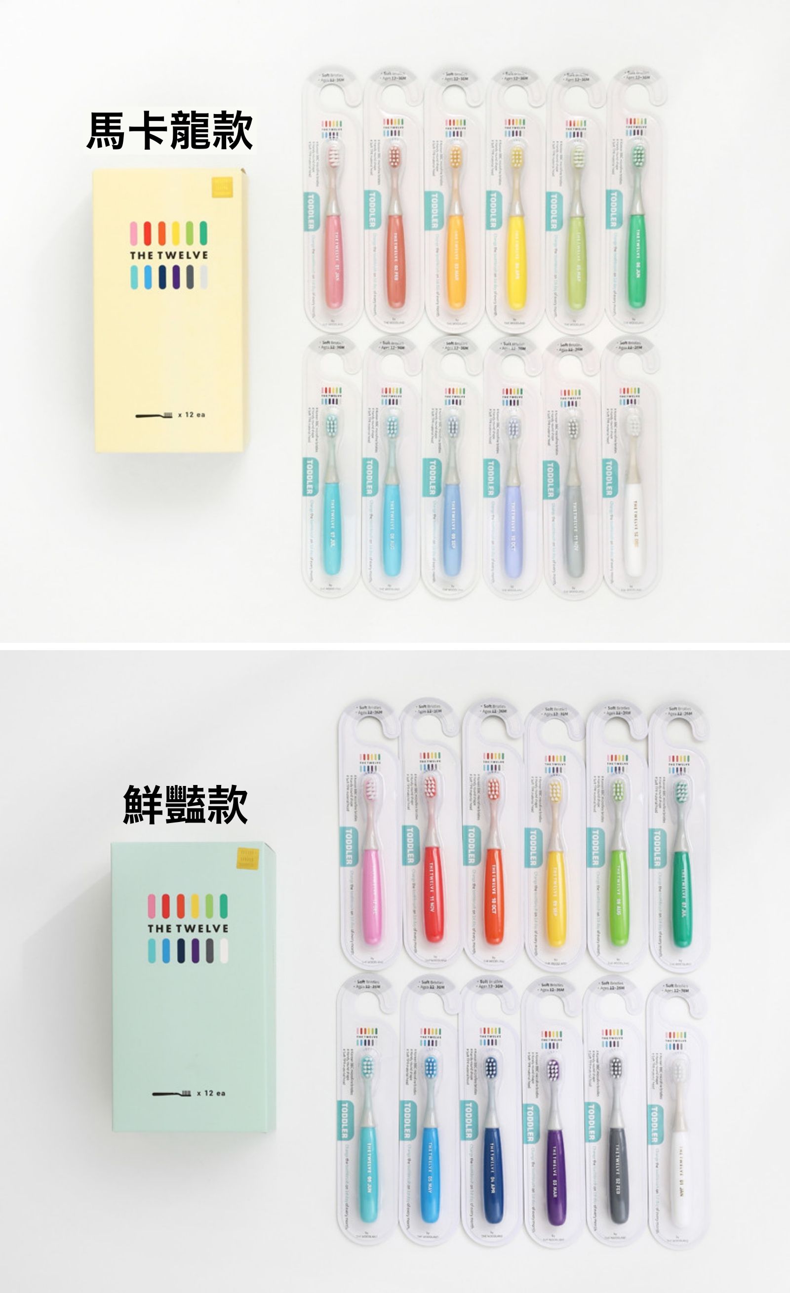 牙刷有兩款色系唷！一款是比較馬卡龍的色系，另一款則是比較鮮豔的明亮色～
