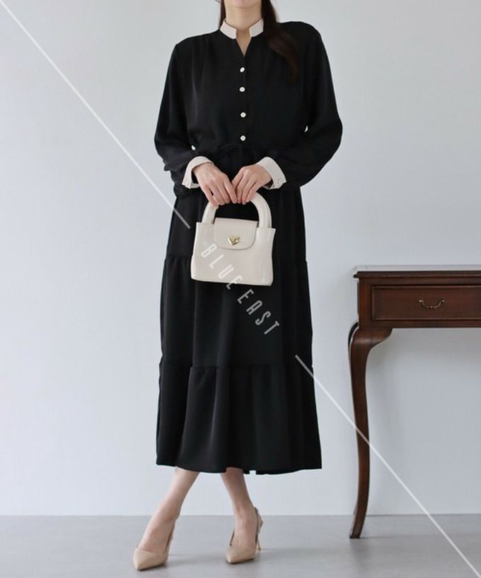 日本 BLUE EAST - [人氣款]簡約抽繩收腰長袖洋裝-撞色袖-黑 (一般長)