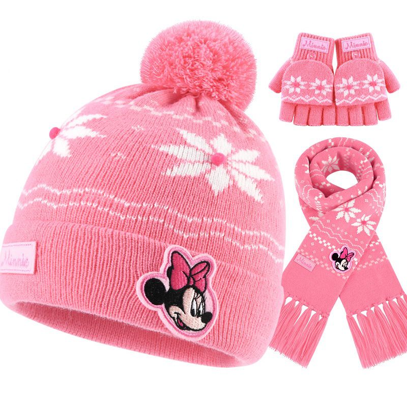 兒童針織保暖毛帽2入組-卡通人物米妮-粉色 (建議3歲以上)-帽子+圍脖