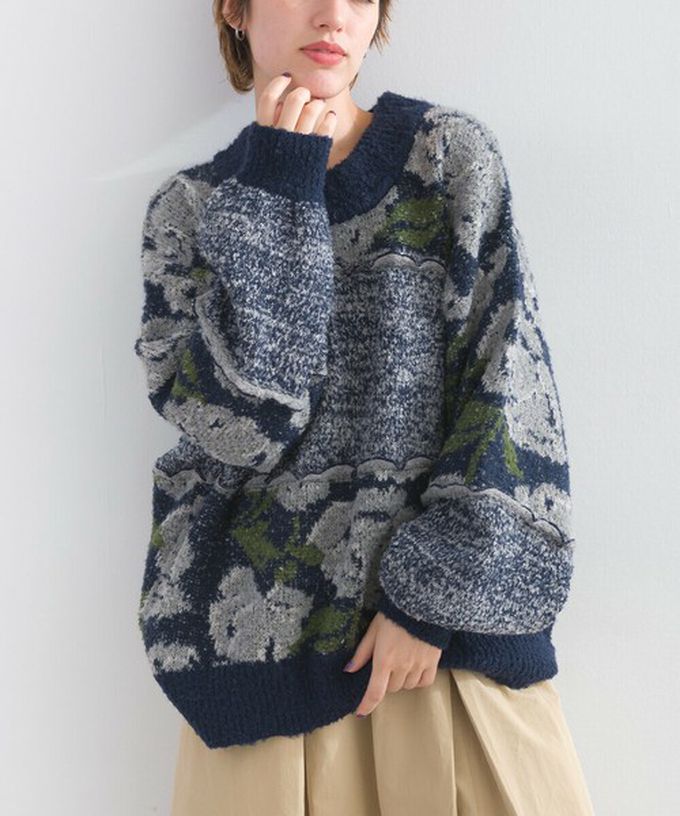 日本 Lupilien - 毛茸感華麗大花朵針織上衣-炭灰x黃