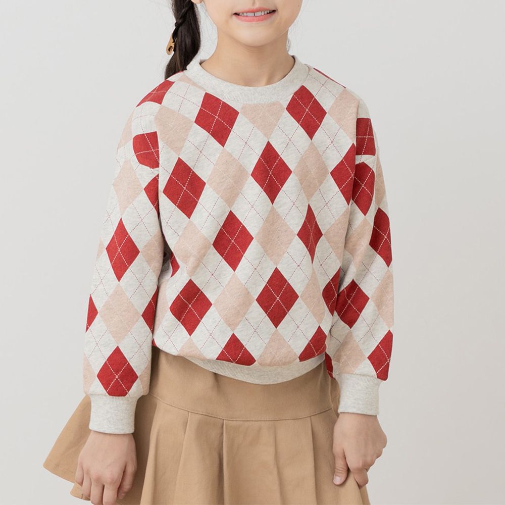 100%棉 北歐風印花裏毛長袖上衣-菱格-紅x粉