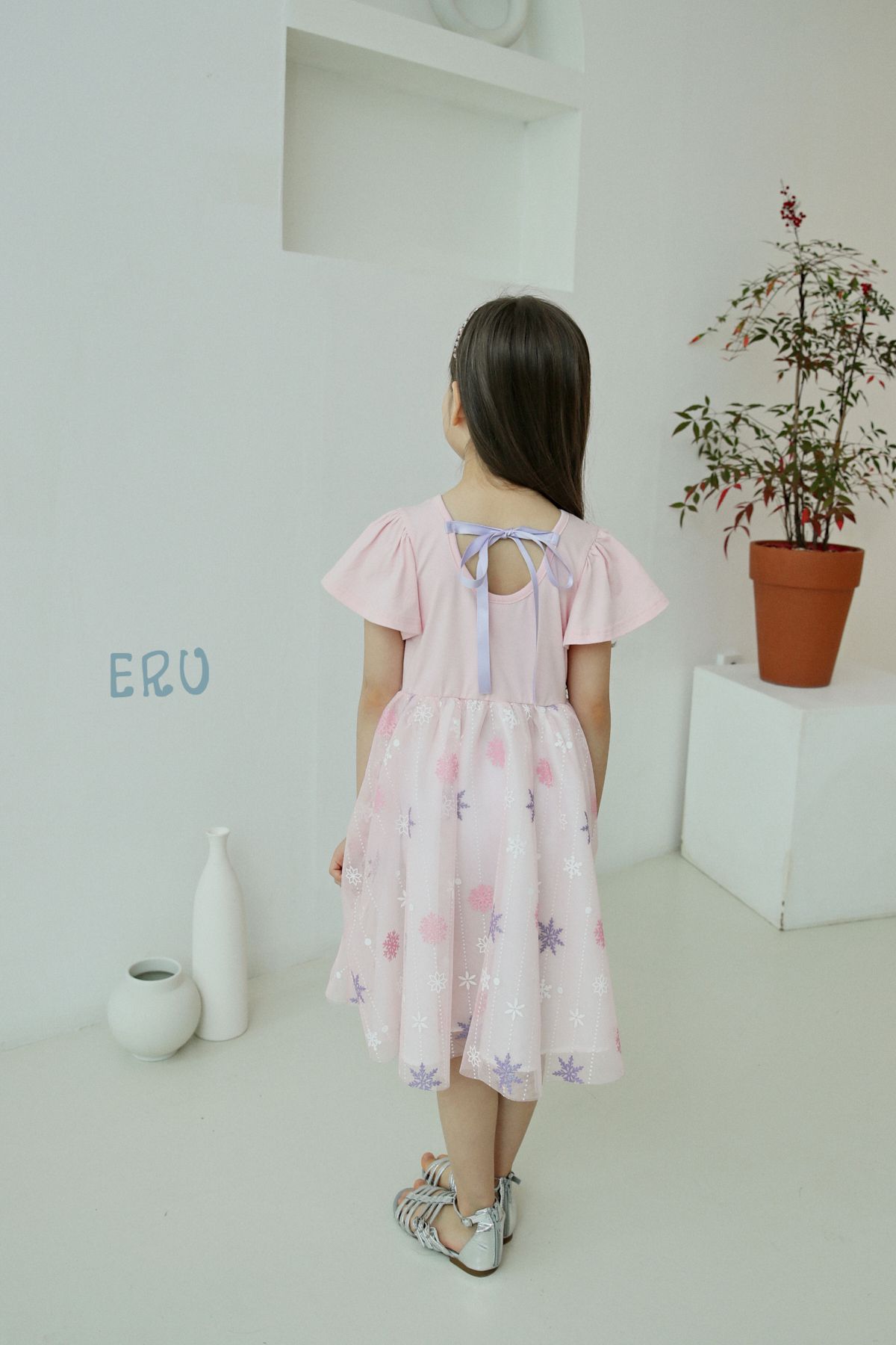 韓國 ERU - 粉紅夢幻雪花網紗洋裝