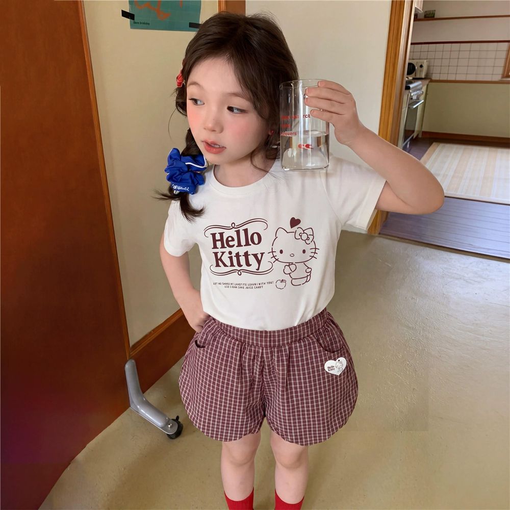 蝴蝶結美背短袖上衣+格紋短褲套裝-卡通人物Hello Kitty-米色