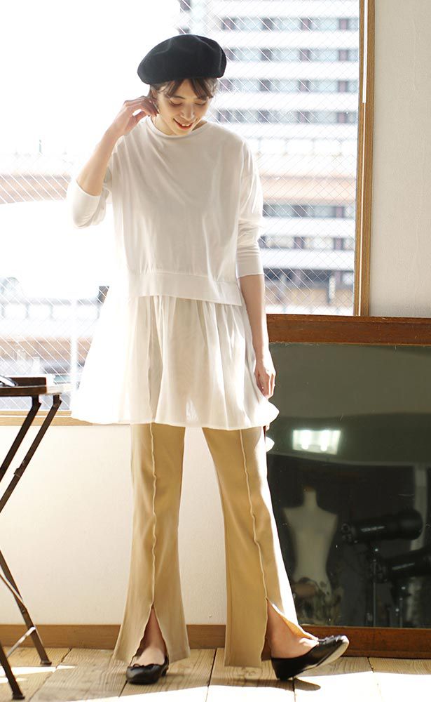 日本 zootie - 木耳滾邊前開衩寬褲-淺卡其