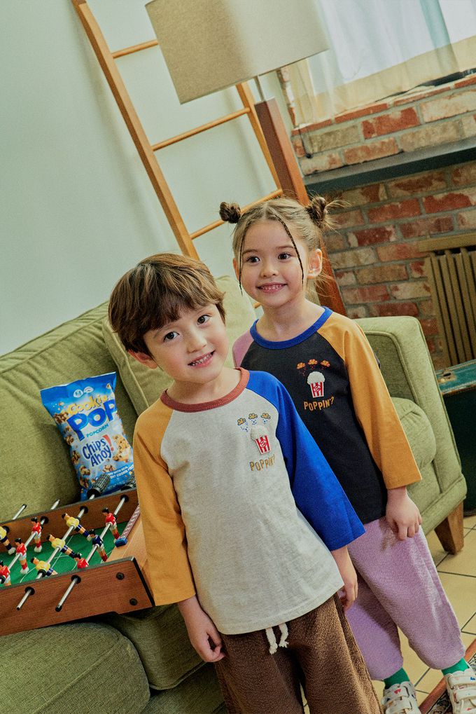 韓國 First Blue - 美味爆米花印長袖上衣-黃橘X燕麥X寶藍