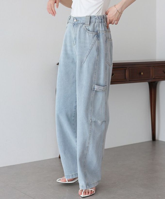 日本 BLUE EAST - 率性寬鬆感高腰畫家丹寧褲-深藍