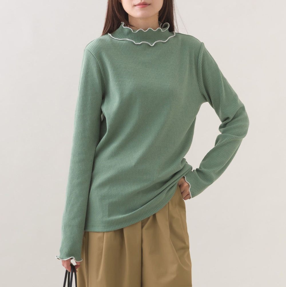 柔美木耳滾邊顯瘦高領長袖上衣-煙燻綠