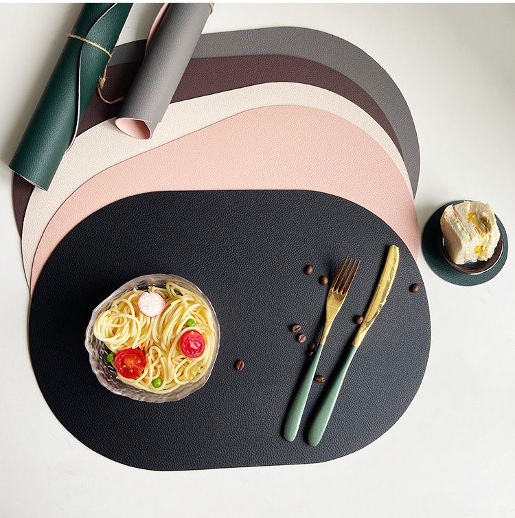 仿皮革橢圓形餐墊-雙色款-橘棕X黑 (43.5cm*30cm)