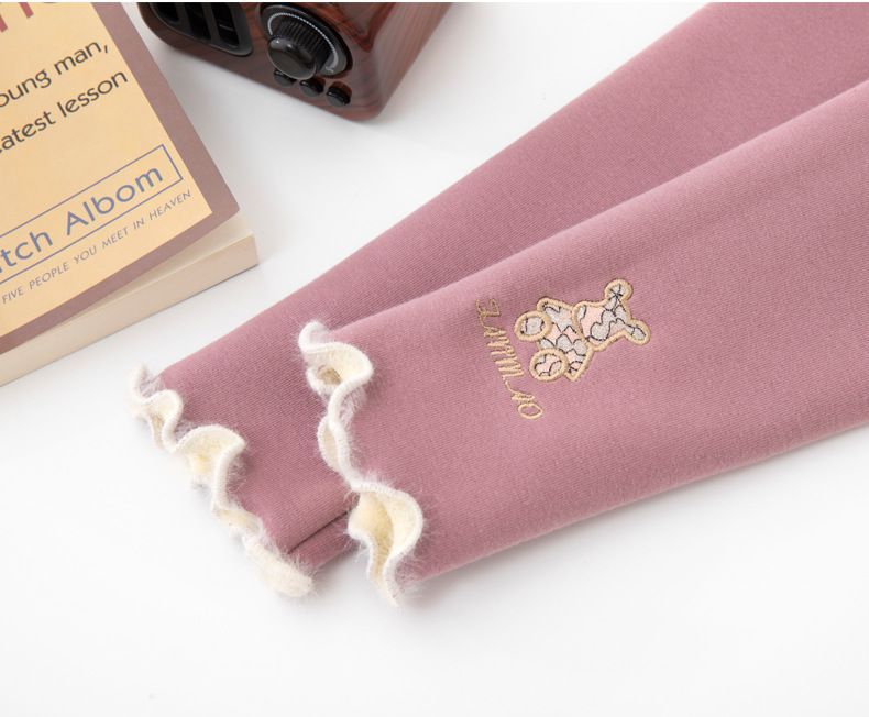 FANMOU - 加絨腰鬆緊保暖內搭褲-可愛熊熊-粉紅色