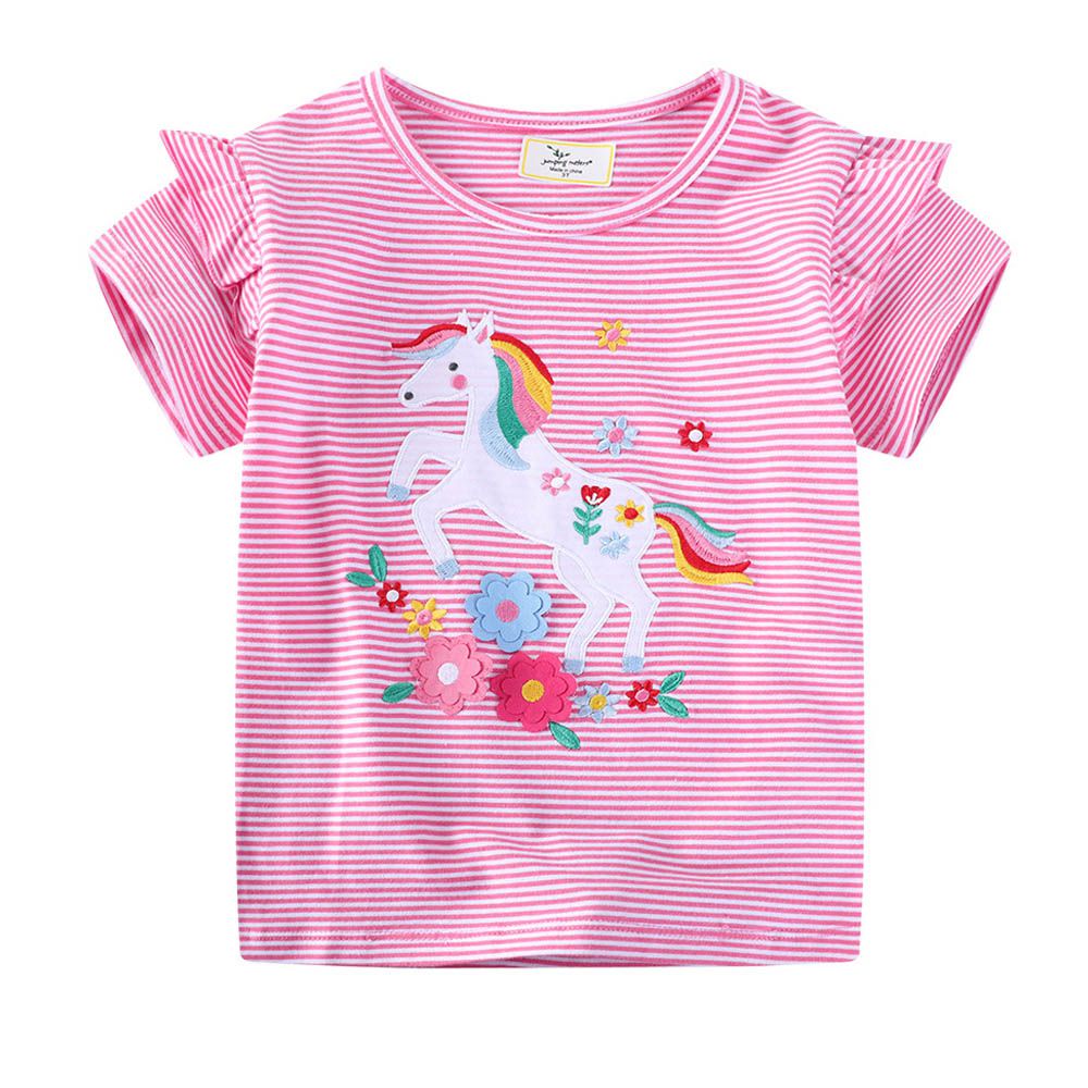 棉質圓領短袖上衣-花朵獨角獸-粉色條紋