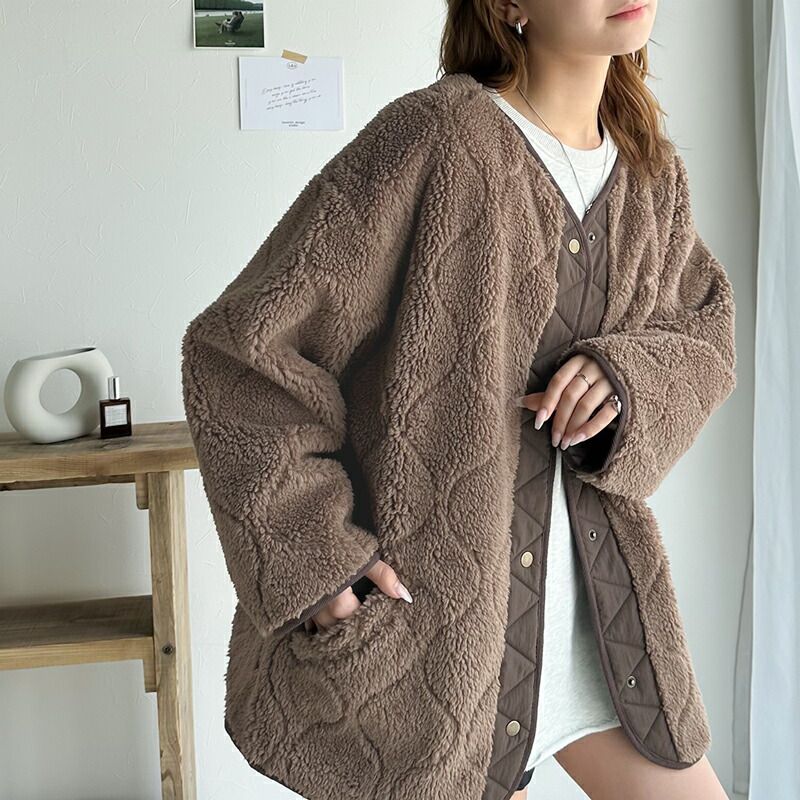 日本 Classical Elf - 寬版絎縫短絨毛呢外套-黑