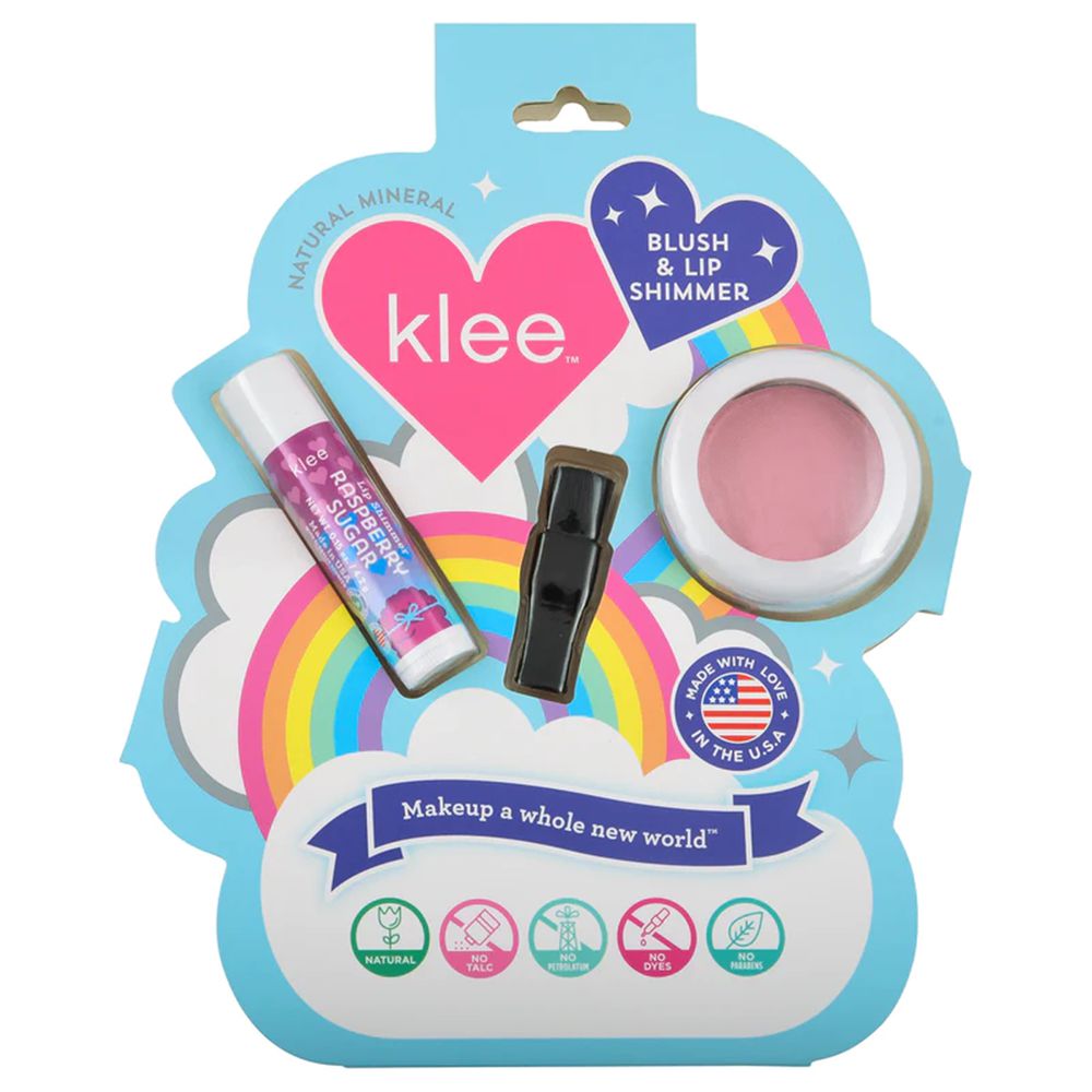 美國 Klee Kids - Klee Girls 棉花糖腮紅組-蜜桃粉礦物腮紅盒(3.5g)+寶貝紅亮光潤唇膏(4.2g)+腮紅刷(共3件)