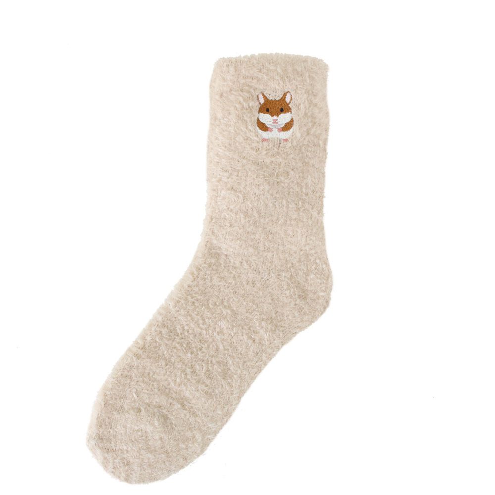 日本 TOMO - 可愛動物刺繡毛絨保暖襪-倉鼠-杏 (22-25cm)