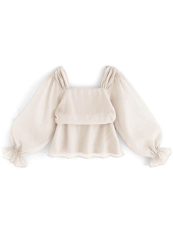 日本 GRL - 優美方領薄紗拼接收腰上衣-米杏 (F)