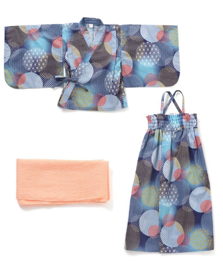 日本 apres les cours - 華麗腰帶風純棉二件式浴衣-椿花-紅藍條紋