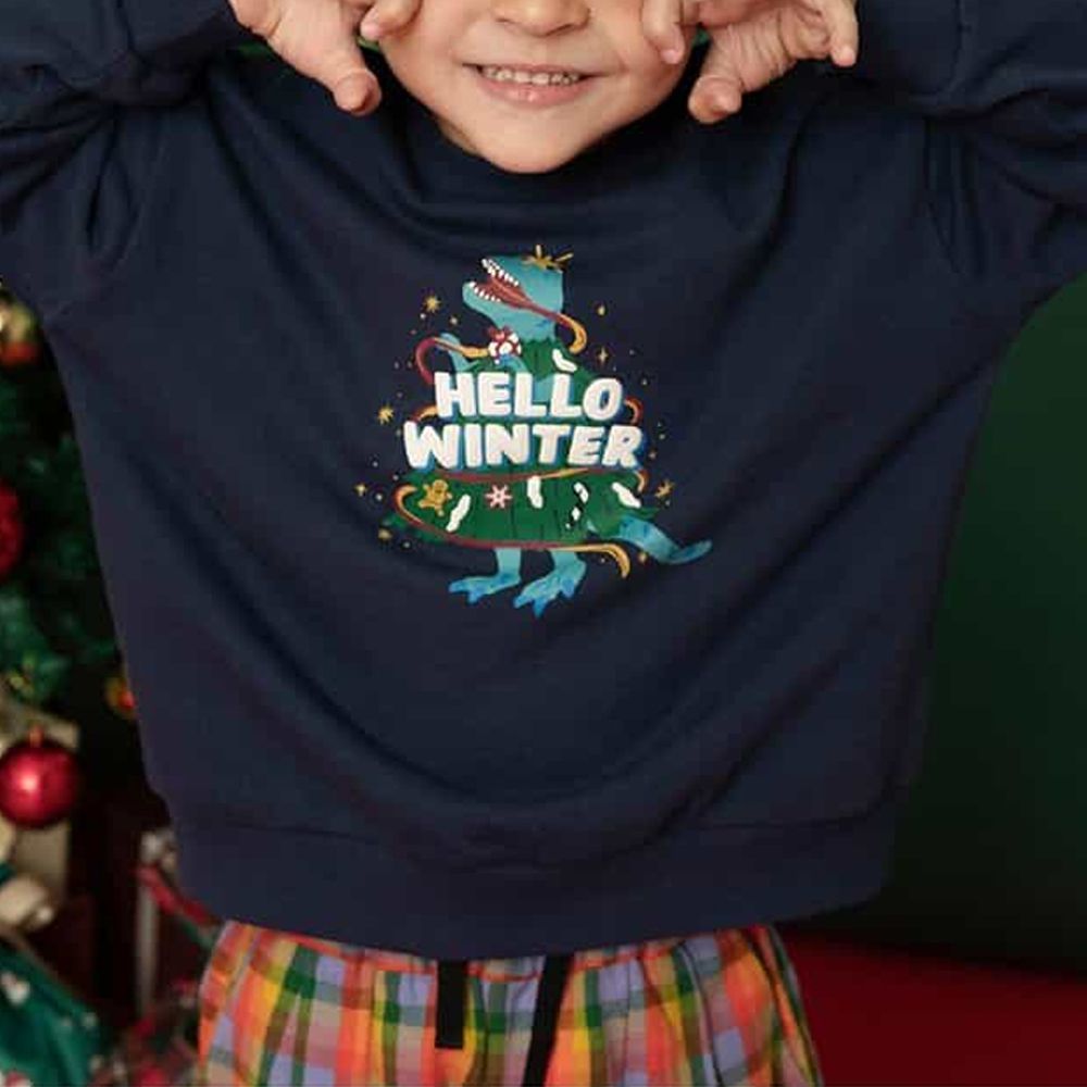 [聖誕限定]純棉裏毛印花長袖上衣-海軍藍