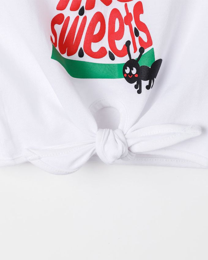 韓國 OZKIZ - 螞蟻吃西瓜印綁帶短袖上衣-白