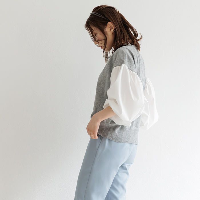 日本 ihuu - 氣球袖拼接薄針織上衣-黑x白