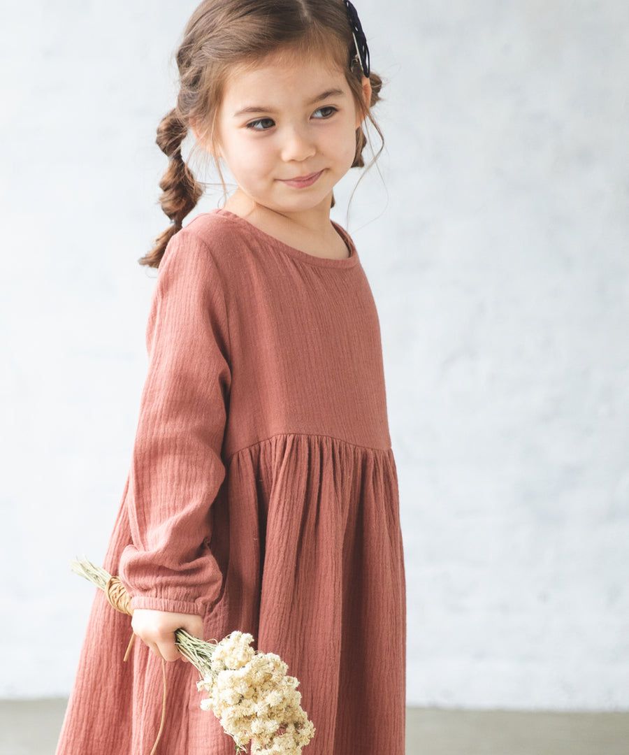 日本 PAIRMANON - 透氣二重紗 簡約薄長袖洋裝-孩子-洋紅