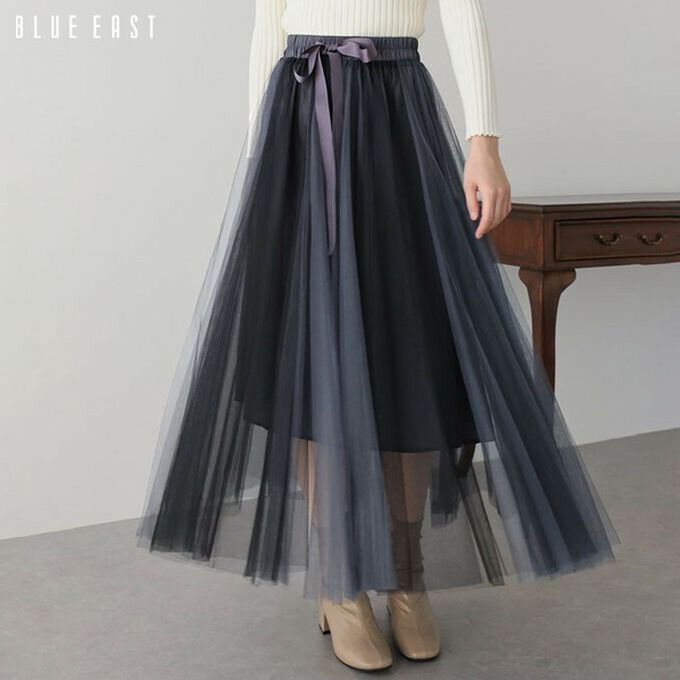 日本 BLUE EAST - 浪漫漸層拼接蝴蝶結綁帶紗裙-黑灰