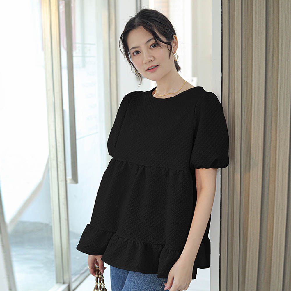 甜美減齡荷葉邊泡泡袖上衣-黑色