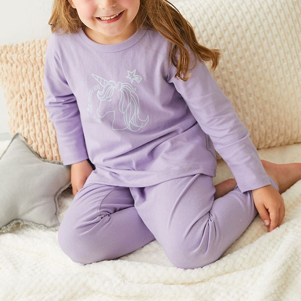 100%棉 高腰長袖家居服套裝-獨角獸-紫丁香