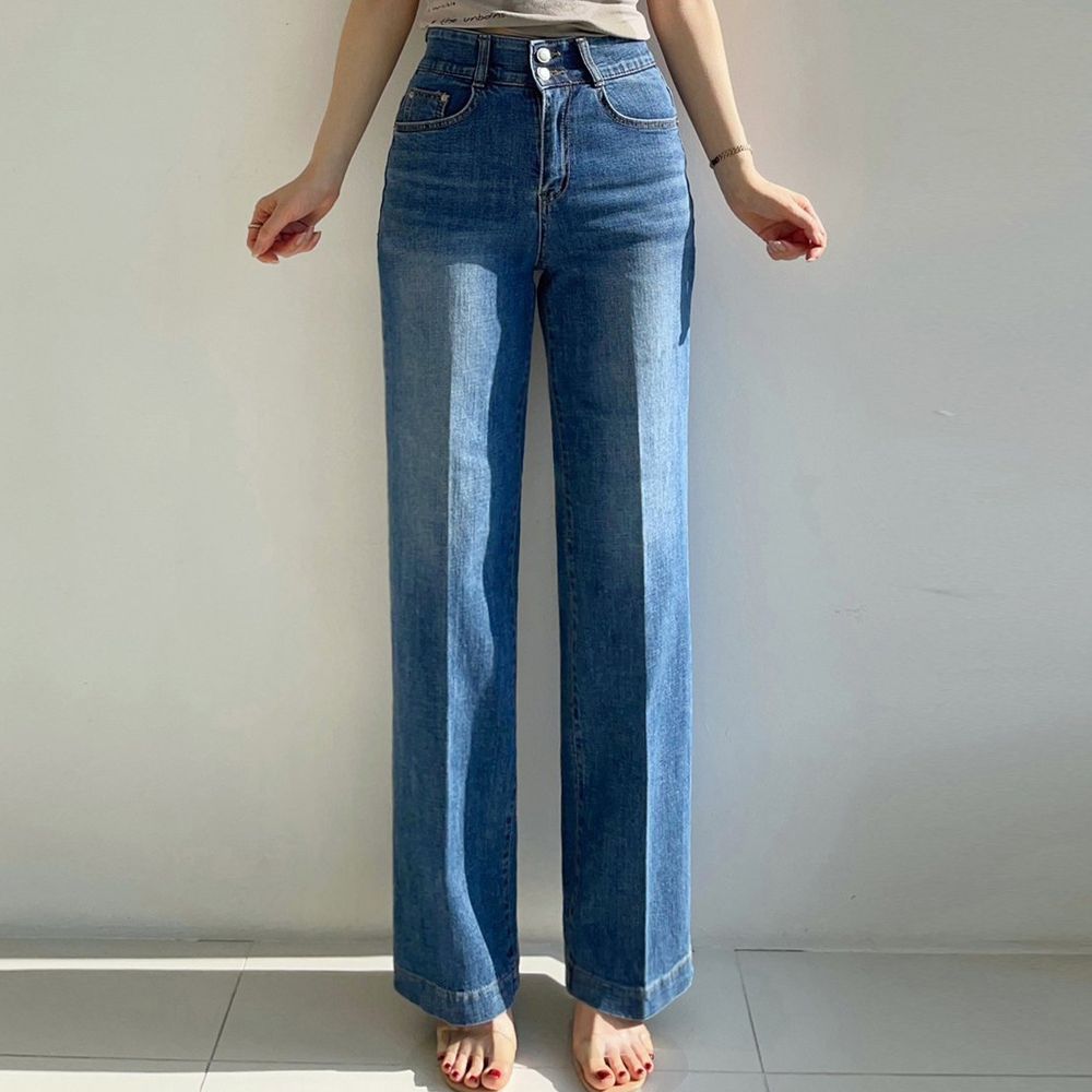 Howluk 雙釦彈性腰高級環紡丹寧直筒寬褲-深藍