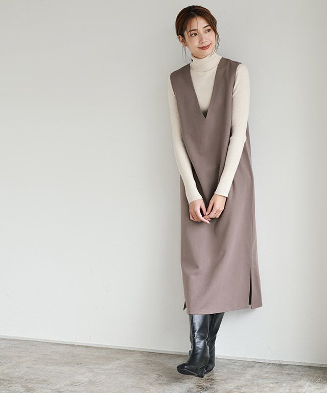 日本 Pierrot - 優雅氣質深V背心裙/洋裝-摩卡