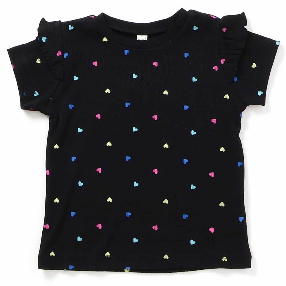 [推薦] 荷葉邊袖羅文短袖上衣-滿版愛心-黑